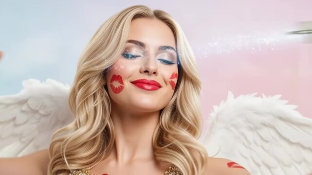 Angelic cupid with bow and arrows in playful motion surrounded by red lipstick marks in fantasy setting