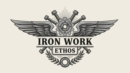 Fototapeta premium Vintage Industrial Emblem with Steel Pistons and Winged Gear Design