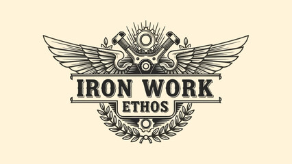 Vintage-inspired emblem showcasing metallic fabrication and industrial