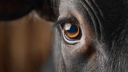 A close up of a cow's eye with a brown iris. The eye is open and the light is shining on it