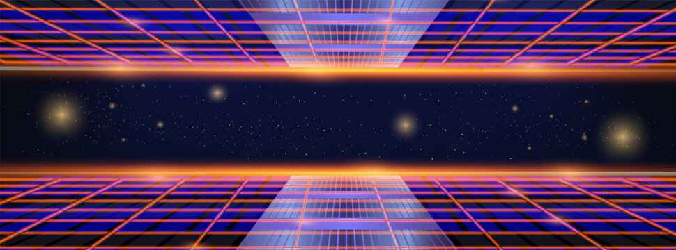 Abstract retro-futuristic background with neon orange grid, glowing horizon, and starry dark space. Perfect for 80s retrowave or sci-fi themes.