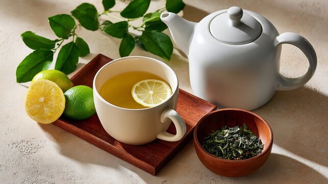 A white tea pot with a cup of tea and a lemon slice in it sits on a wooden tray. A bowl of green tea leaves sits next to the tea pot