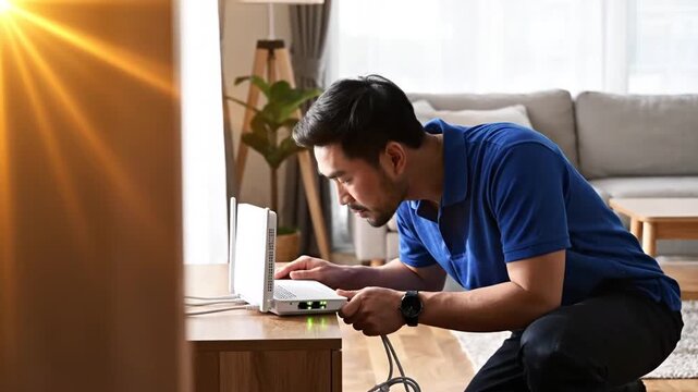 Man setting up a wireless router indoors connecting device for home internet connection