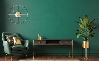 A modern living room interior with a green armchair, plant, and console table against a green wall