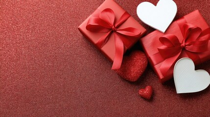 Red gift boxes with ribbons and hearts on red glitter background for Valentine's Day celebration in a studio setting