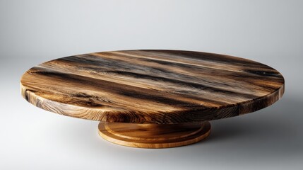 A wooden round table with a brown and black wood grain. The table is empty and has a simple design
