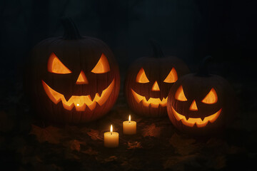 Scary Halloween pumpkins with glowing faces at night AI generated