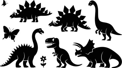 Collection of black dinosaur silhouettes featuring Tyrannosaurus Rex Triceratops Stegosaurus and Brachiosaurus with butterflies and flowers isolated on a white background © Mim's World