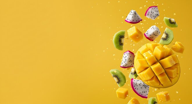 Fresh tropical fruits including mango, kiwi, and dragon fruit falling against a vibrant yellow background from a top-down viewpoint