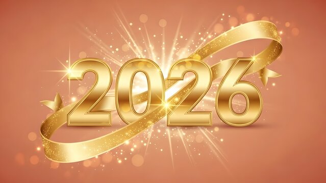Golden 2026 Celebration with Ribbon and Sparkling Lights
