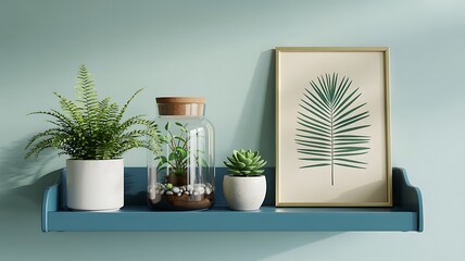 A serene interior scene featuring plants, a shelf, and a framed leaf artwork in a minimalist setting