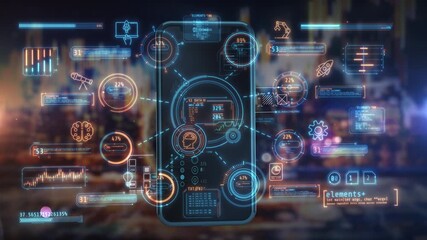 Smartphone displaying data interfaces connecting smart city network - Powered by Adobe