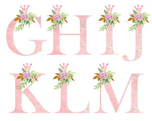 Watercolor crown letters for invitation card, nursery poster and other. Alphabet composition.