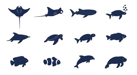 Fototapeta premium Collection of marine animals silhouetted against a white background