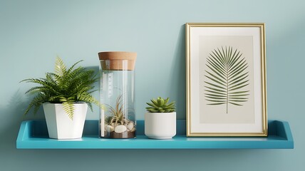 A serene interior scene featuring a shelf with plants and decorative items against a calm blue wall