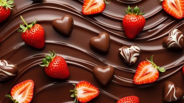 Tempting waves of chocolate with fresh strawberries and heart shapes for delicious dessert concepts