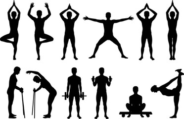 Collection of black silhouettes featuring people practicing yoga poses fitness exercises weightlifting and gym workouts isolated on a white background