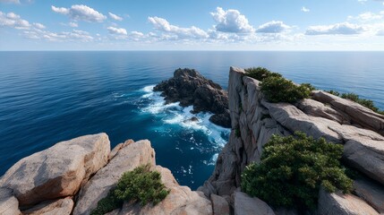 A rocky cliff overlooks the ocean with a few bushes growing on it. The scene is serene and peaceful, with the sound of waves crashing in the background. The combination of the rocky shoreline