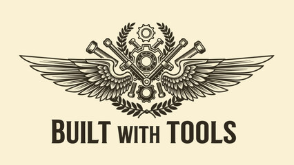 Artistic emblem with mechanical tools and wings representing craftsmanship and