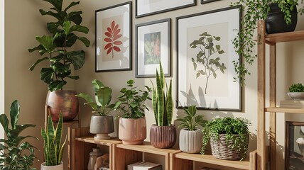 A modern interior wall display featuring plants and artwork in a cozy home setting with decorative furniture and a serene atmosphere