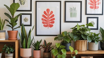 A modern interior wall display featuring various potted plants and framed artwork in a cozy home environment