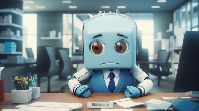cute robot works in office on computer