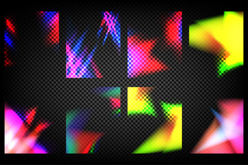 Abstract colored shapes create vibrant light effect. Digital glitch art with glowing particles. Futuristic backdrop for technology presentations
