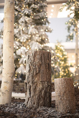 White Christmas tree with logs. new year concept