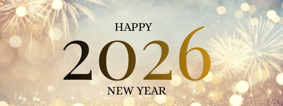 Happy New Year 2026 Elegant Background with Golden Fireworks and Soft Bokeh Lights