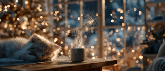 AI generator images of The ginger cat is comfortably sleeping on a windowsill or shelf during the holiday season or warm winter months.