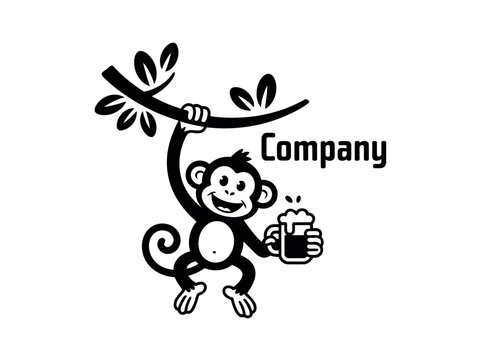 Cartoon monkey holding beer company logo with branch and leaves illustration