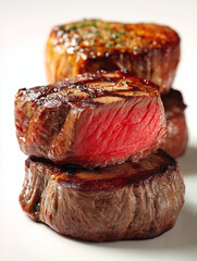  AI generator image of Steak cooked to different levels of doneness. This cut of meat may include sirloin or the tenderest part of the sirloin, Tenderloin steak or Filet Mignon
