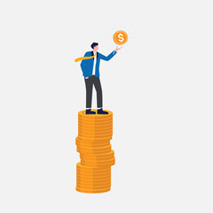 A man is holding a dollar bill on top of a stack of coins. Concept of wealth and success, as the man is standing on top of a pile of money. Scene is positive and uplifting