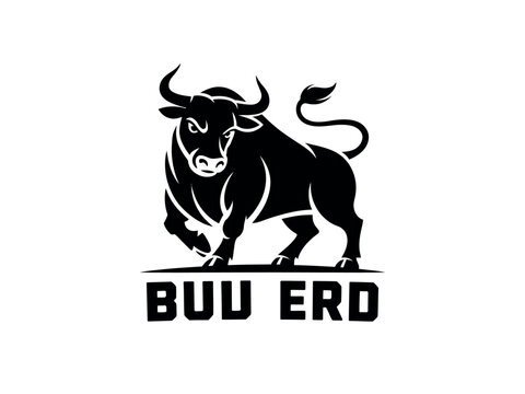 Black Bull Logo Design with Bold Text and Aggressive Animal Illustration Style
