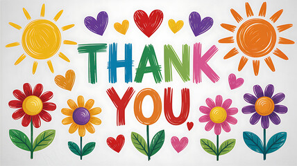 A vibrant and cheerful hand drawn illustration featuring the words thank you surrounded by colorful flowers hearts and suns © MDJALAL