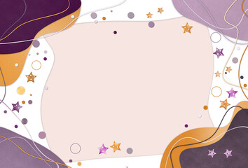 Orange - purple framework background with stars , dots and thin wavy lines. Birthday greeting or party invitation card blank template .Free copy space