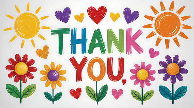 A vibrant and cheerful hand drawn illustration featuring the words thank you surrounded by colorful flowers hearts and suns