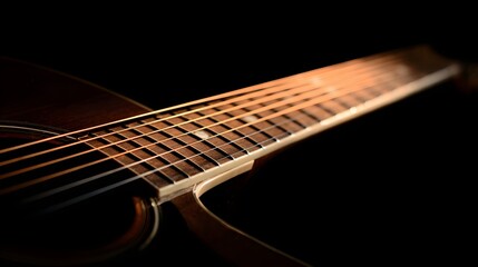 Fototapeta premium Close-up of Acoustic Guitar Fretboard with Strings Illuminated.