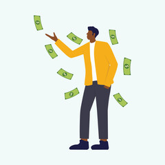Business man enjoying financial freedom and independence. Market growth and financing concept. Flat illustration isolated on white background