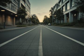 Obraz premium Road between buildings with a blurred view of vehicles on the street at sunset