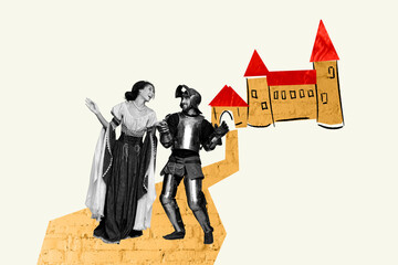 Full trendy sketch image photo collage of two happy girl guy historic queen soldier stand path...