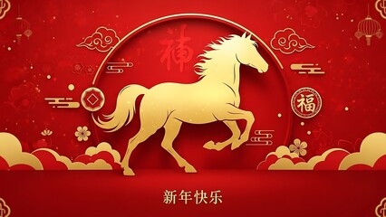 Chinese new year golden horse illustration with red background and ornate designs for lunar year celebration