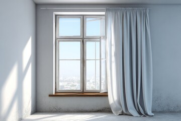 Fototapeta premium Interior room featuring a large multi-pane window with light curtains and exterior cityscape view