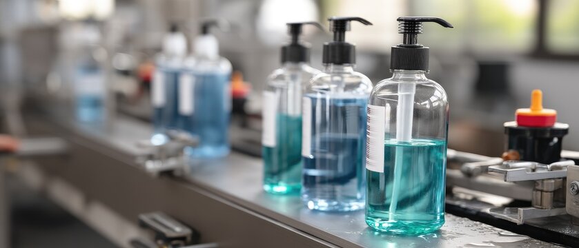 Assembly line of liquid soap production with blue bottles ready for packaging and an empty bottle immersed in cleaning fluid showing industrial processes