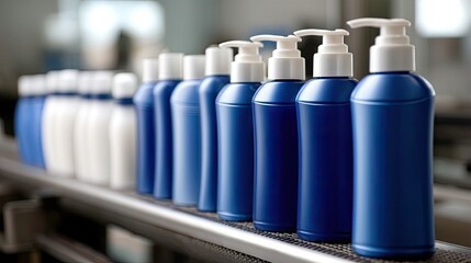 Production line of shampoo bottles in a plant with machines filling blue and white plastic containers