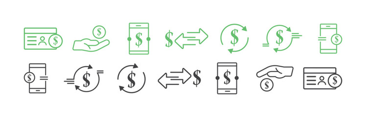 Collection of financial transaction and currency exchange line icon. green and black Editable stroke. Vector illustration