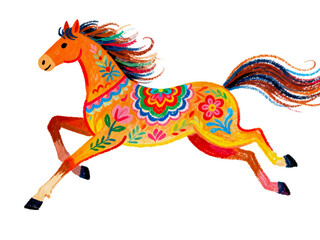 Festive Horse: A vibrantly decorated horse, adorned with colorful patterns and floral motifs, gallops with joy, embodying the spirit of celebration and artistic expression. © bao