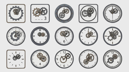 Collection of Steampunk Clock Faces with Visible Gears and Mechanisms.