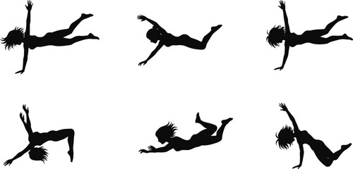 Falling silhouette poses, floating human motion, black outline, minimal art, expressive descent, gravity gesture, emotional movement, conceptual anatomy study