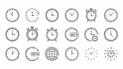 Collection of Various Clock Icons and Illustrations Representing Time.